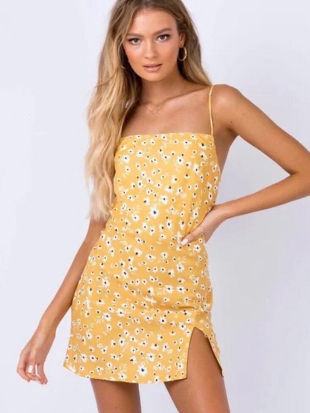 Princess Polly Yellow Daisy Print Spaghetti Strap Mini Dress
